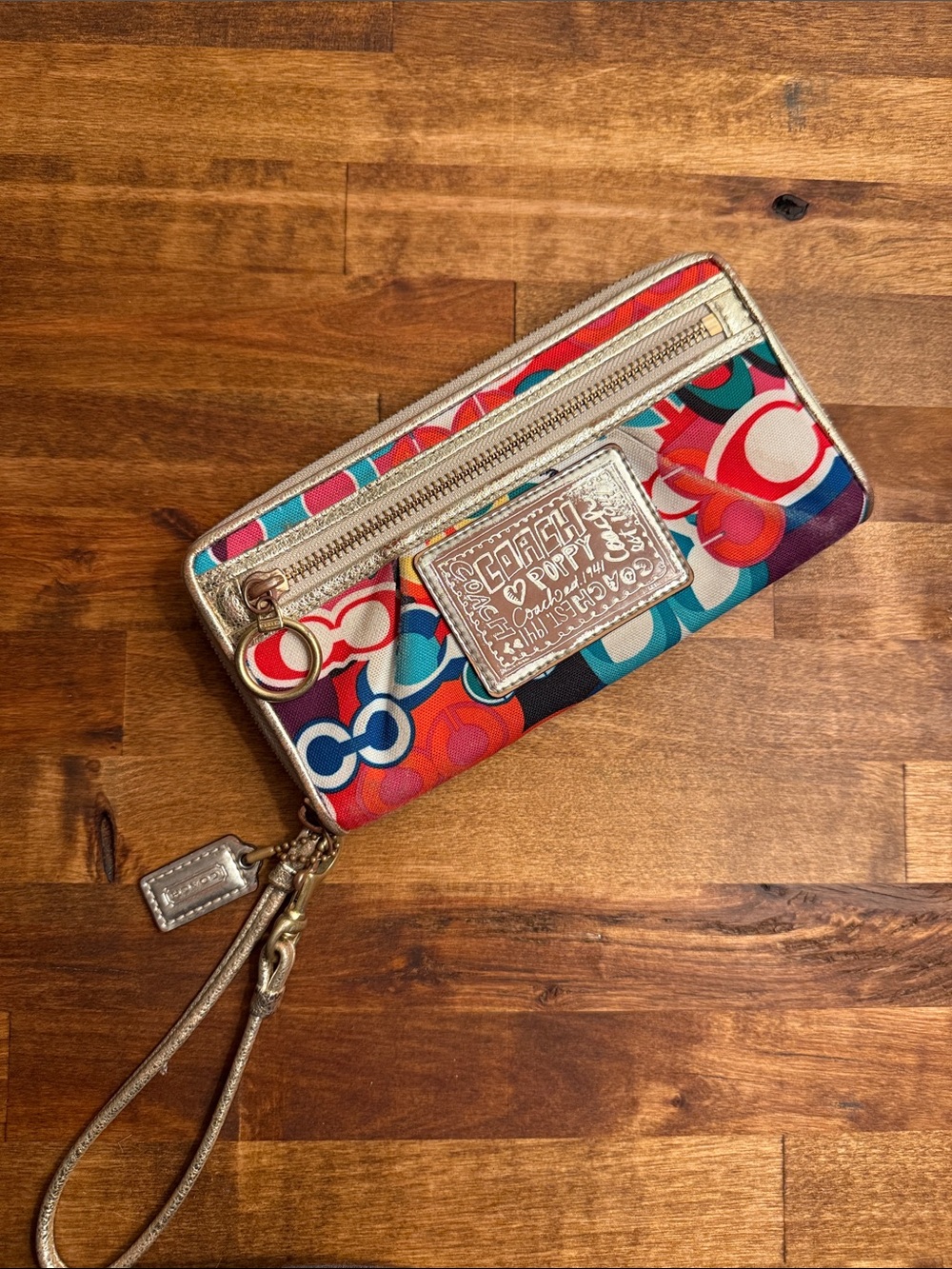 Coach Poppy Multicolor Long Wallet Wristlet with Gold Trim
